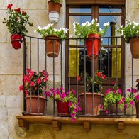 Fenster mit Blumenkästen auf dem Balkon